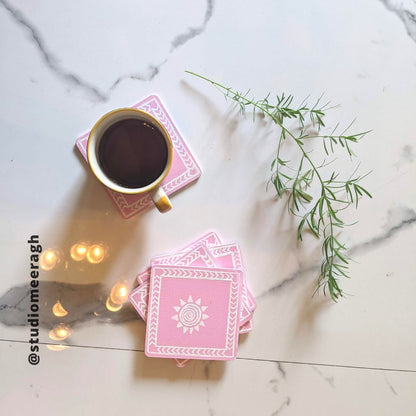 Pink and White Geometric Pattern Square Coaster