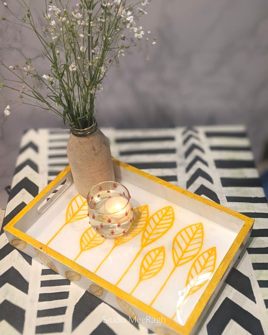 Yellow Leaf Pattern Hand Painted Wooden Tray