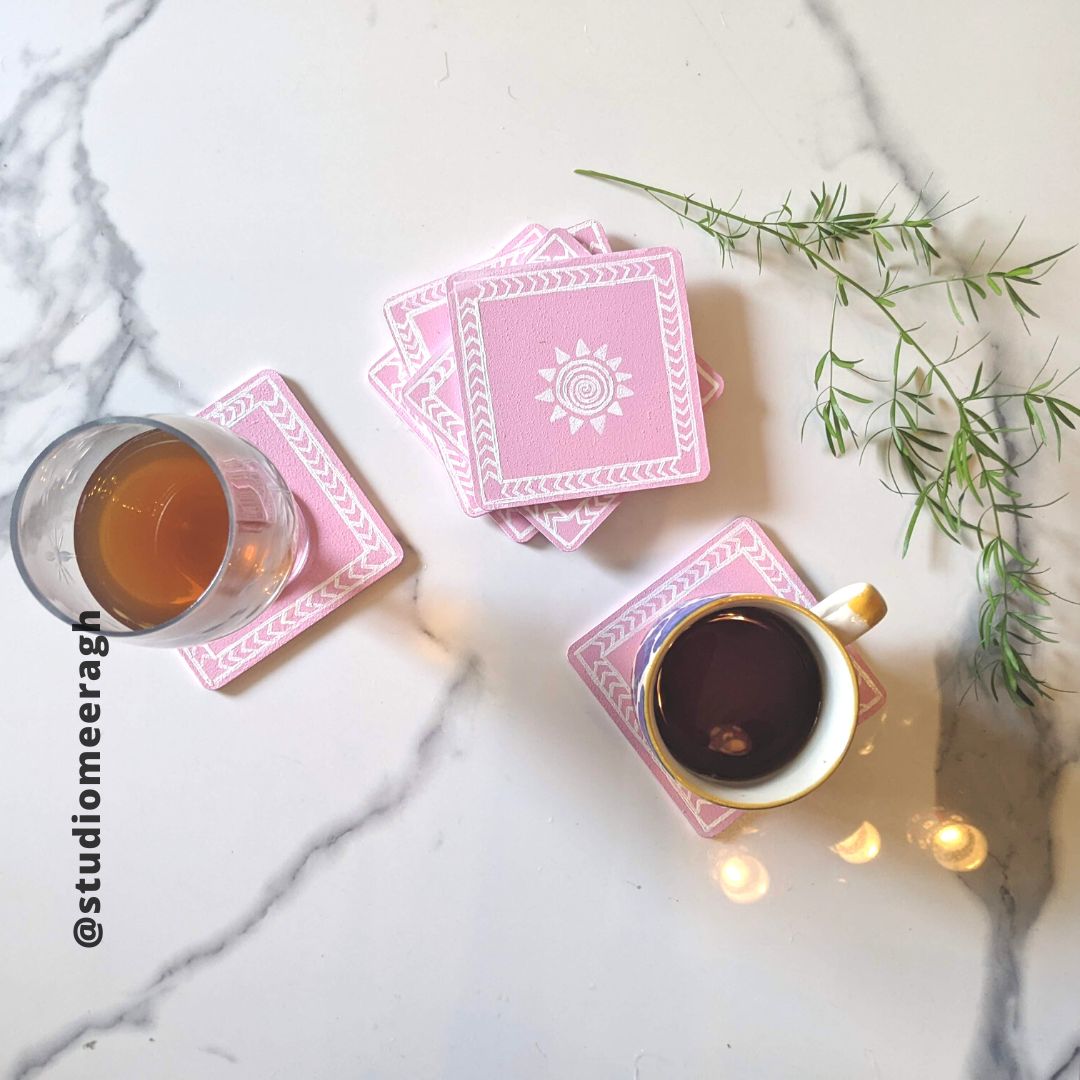 Pink and White Geometric Pattern Square Coaster