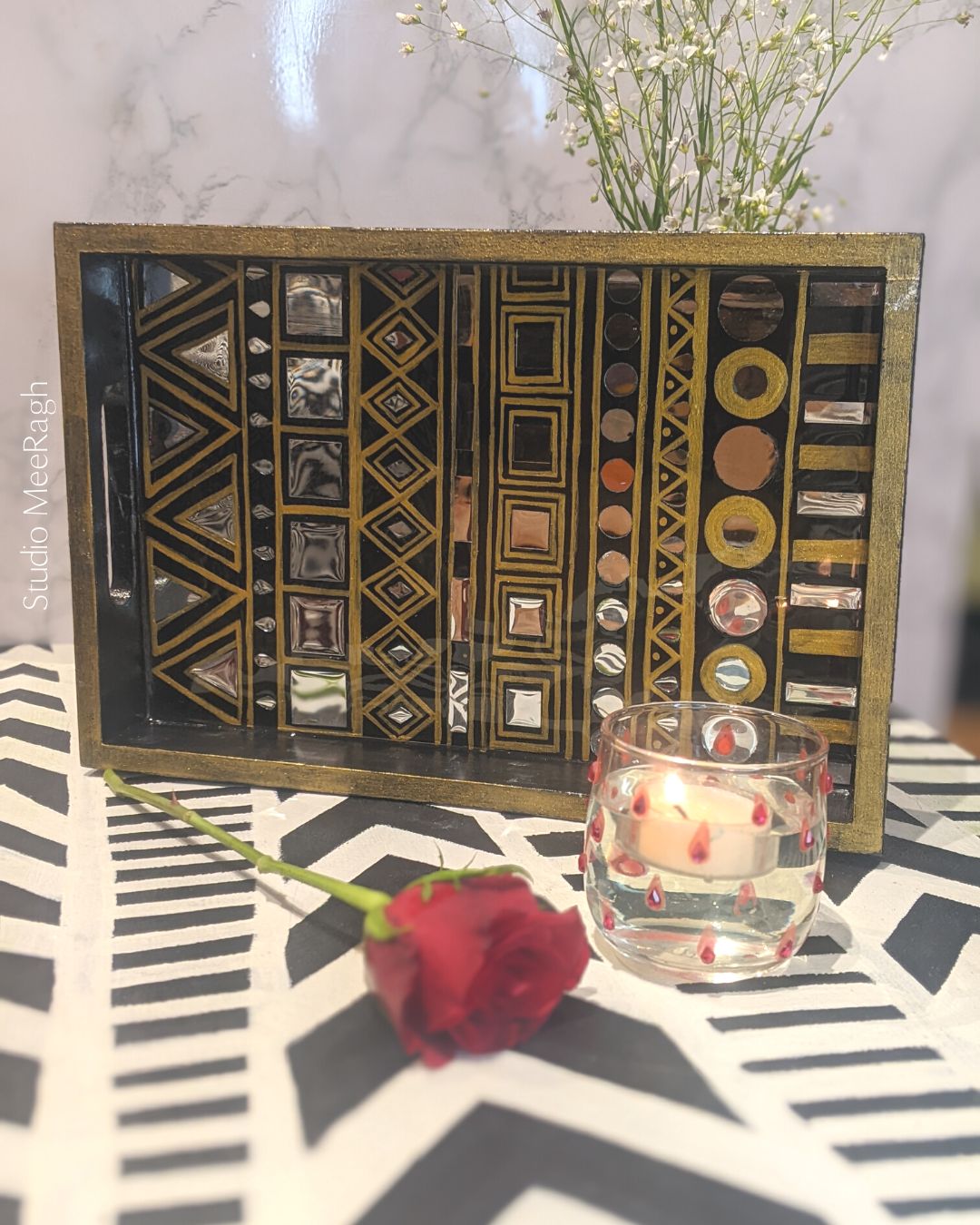 Black Golden Mirror Work Hand Painted Tray