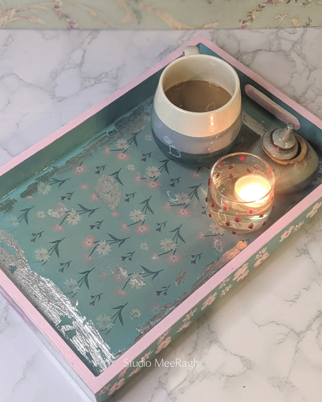 Decoupage Silver Foil Hand Painted Tray