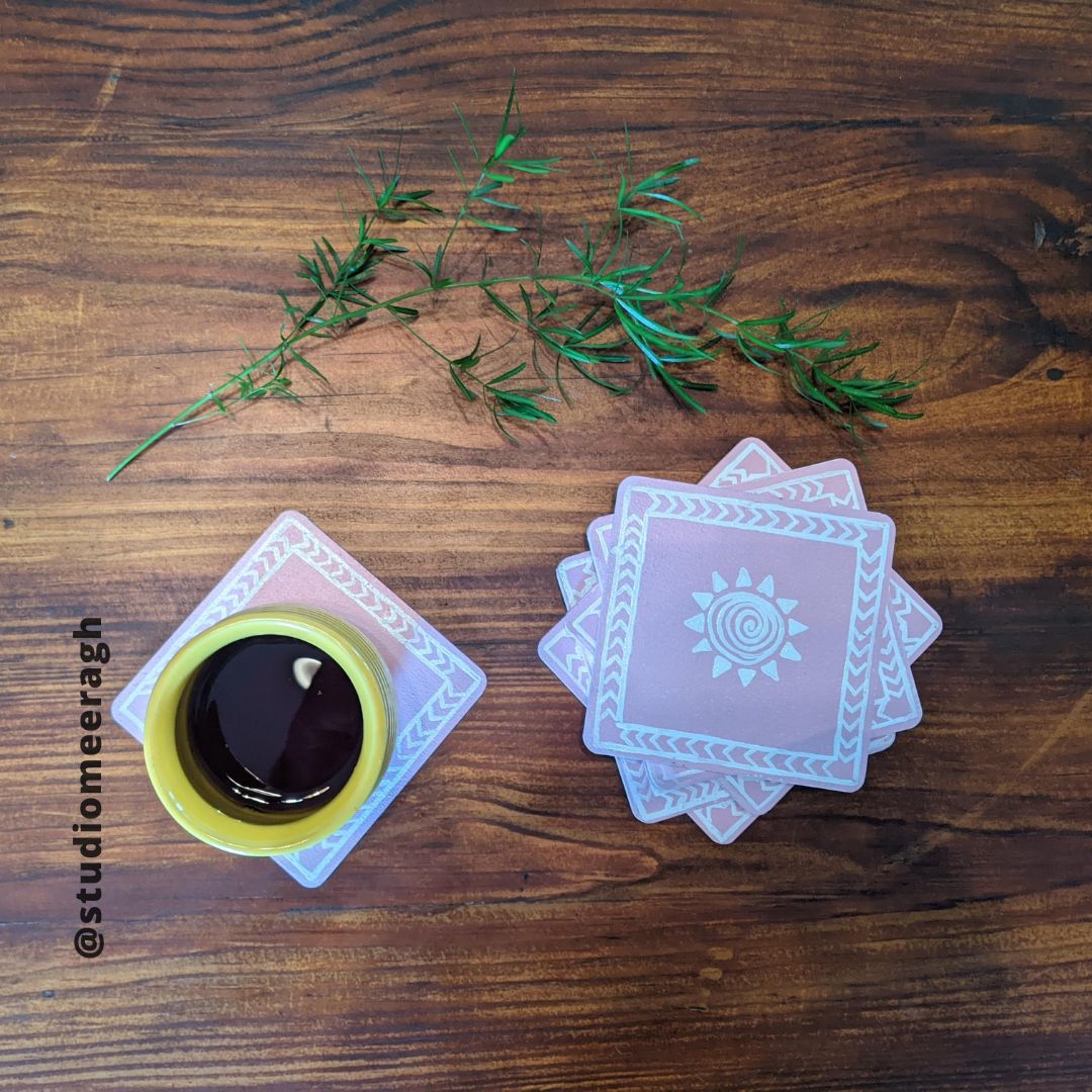 Pink and White Geometric Pattern Square Coaster