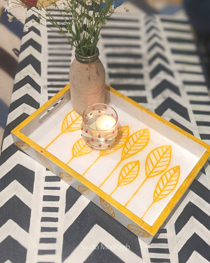 Yellow Leaf Pattern Hand Painted Wooden Tray