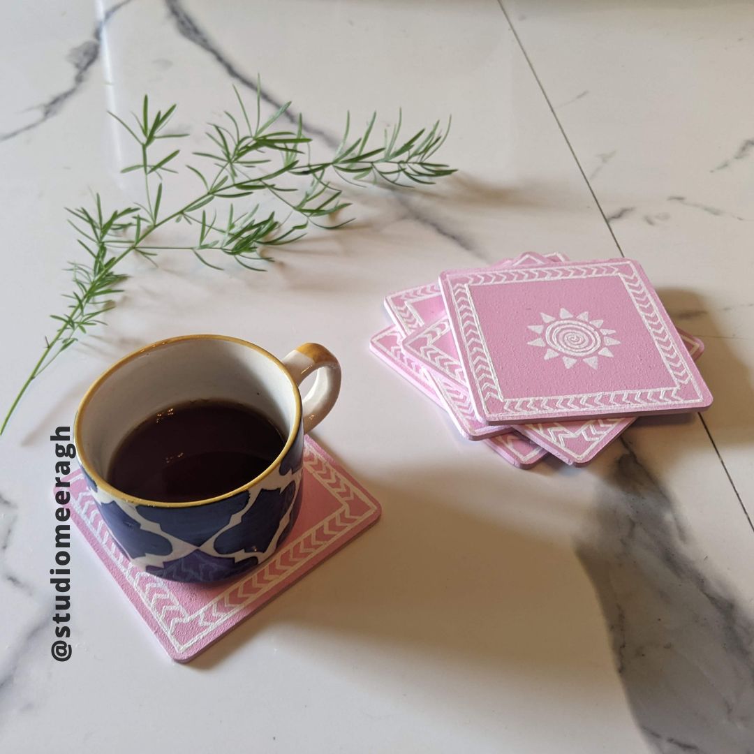 Pink and White Geometric Pattern Square Coaster